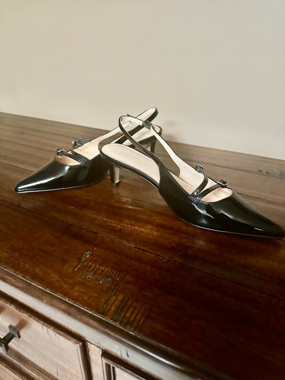 LOFT Black Patent Pointed Slingback Kitten Heels with Straps